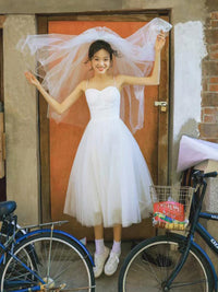 Dolci Abiti da Sposa Semplici e Corti alla Moda con Spalline a Spaghetti Abito da Sposa in Tulle Su Misura Abito da Sposa