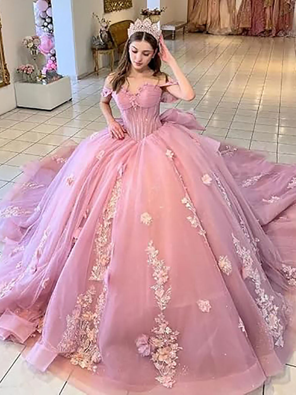 Sweetheart Ball Gown Quinceanera Dresses Bead Appliques Flower Pink Pr –  Msikoods Official Store