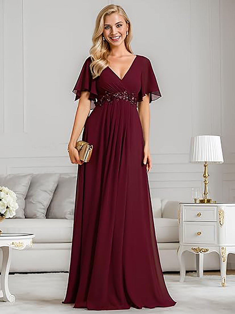 Chiffon Mother's Dress Flutter Sleeves Lace Beaded Waist Formal Dress Msikoods Official Store Chiffon Mother's Dress Flutter Sleeves Lace Beaded Waist Formal Dress Msikoods Official Store