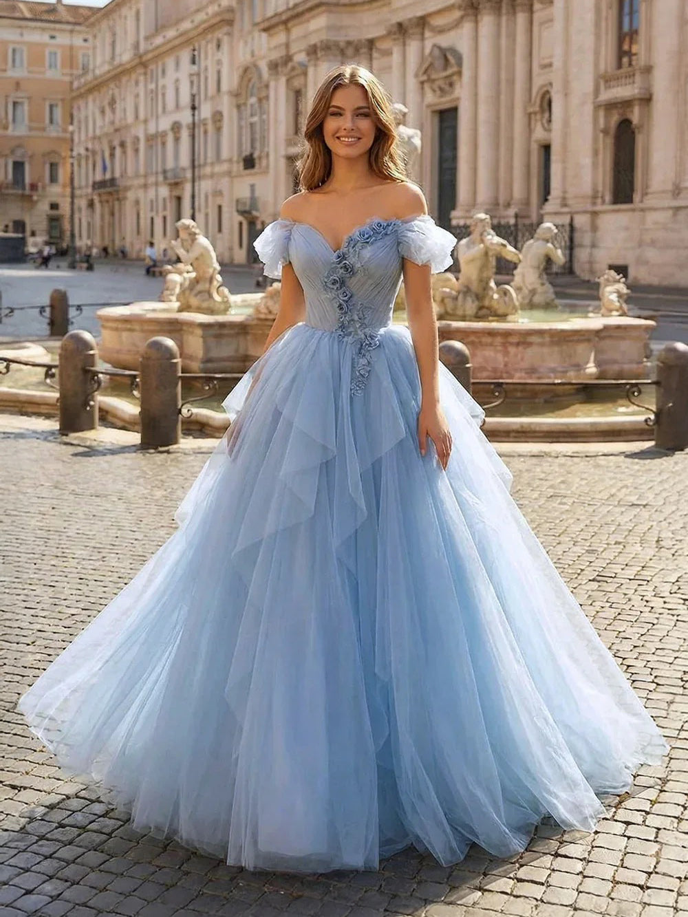 black dress modest formal 3D Flowers Blue Satin Mermaid Prom Dress – Ohmollydress main image 1