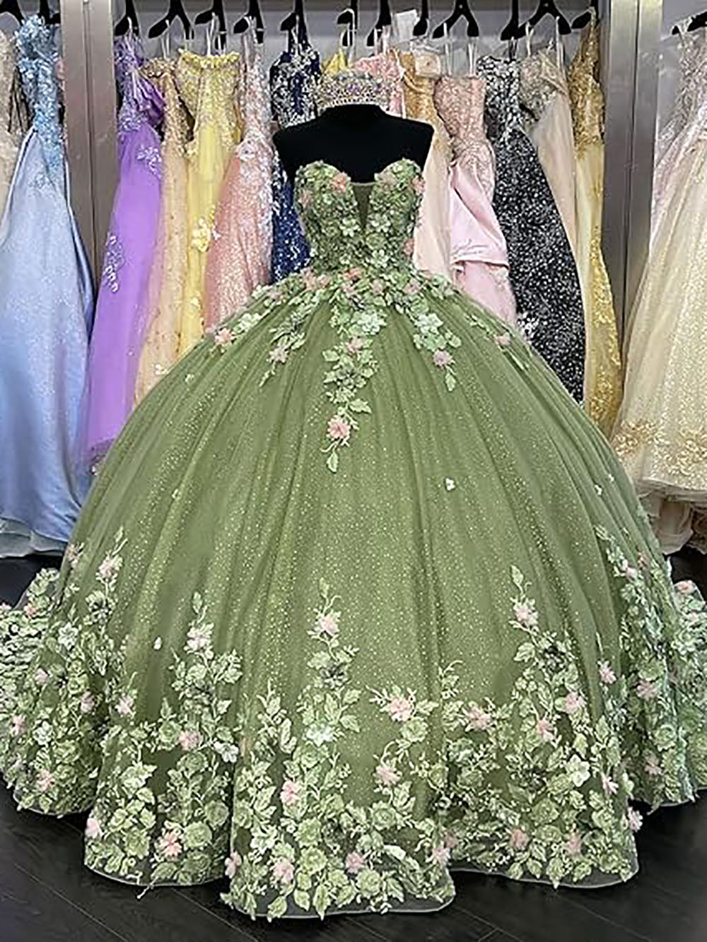 Abiti da Quinceanera con Fiori 3D Scintillanti, Abiti Quince in Tulle Gonfi Senza Spalline, Abiti Sweetheart con Perline e Pizzo, Abiti Sweet 16