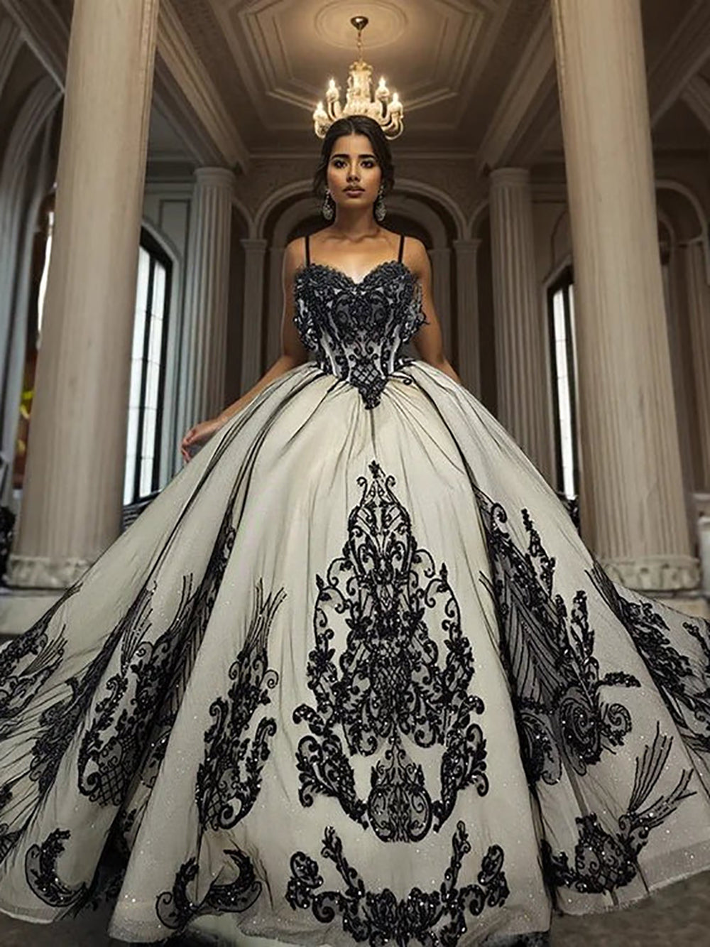 Gothic Lace Applique Quinceanera Dress Spaghetti Strap Sparkly Birthda – Msikoods Official Store