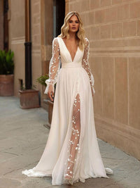 Abiti da sposa sexy con scollo a V profondo, maniche lunghe, abiti da sposa con applicazioni senza schienale, abito da sposa in chiffon a linea A