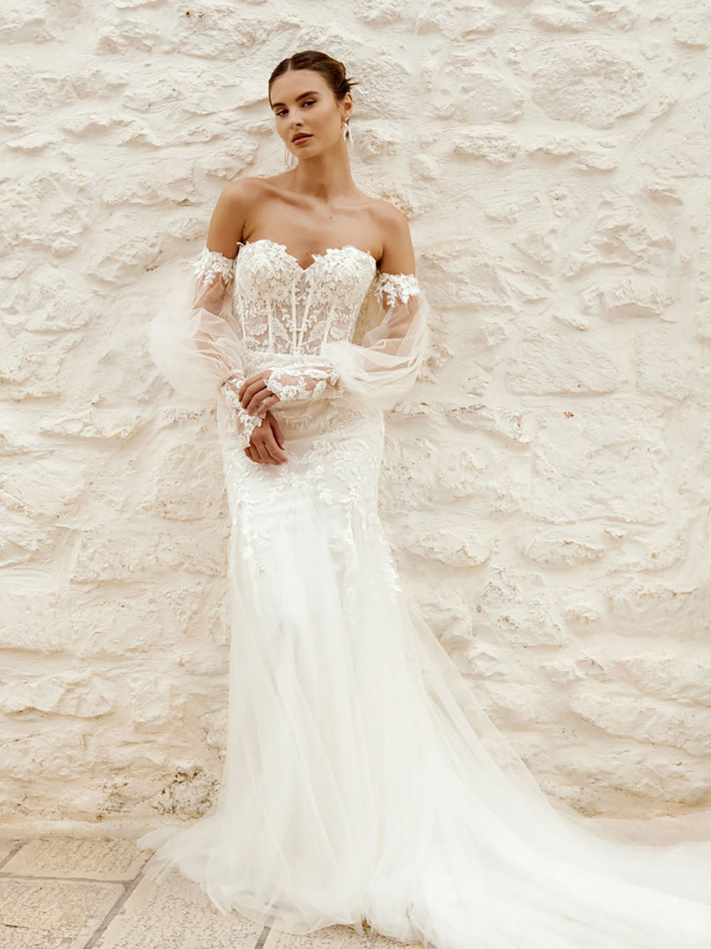 Boho Mermaid Wedding Dresses Detachable Sleeves Lace Appliques Sweetheart Corset Bridal Gown Court Train