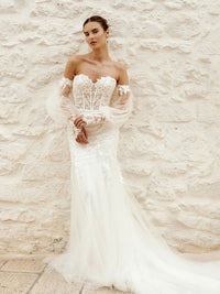 Boho Mermaid Wedding Dresses Detachable Sleeves Lace Appliques Sweetheart Corset Bridal Gown Court Train