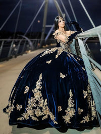 Abiti Quinceanera in Velluto 2025 con Farfalle Floreali 3D Dorate Pizzo Spalle Scoperte Abiti da Prom Sweet 16
