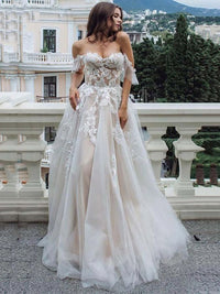Vestido de Noiva com Apliques de Renda Romântica, Ombros Descobertos, Tule, Corte em A, Vestidos de Noiva Ms2503262