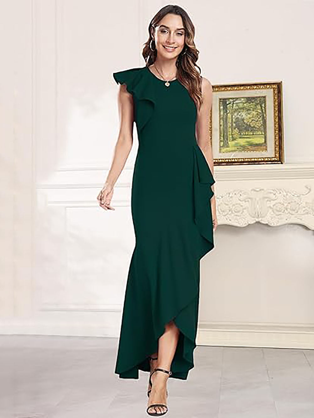 Women's One-Shoulder Ruffle Evening Dress Mermaid Formal Gown Slit Wed –  Msikoods Official Store