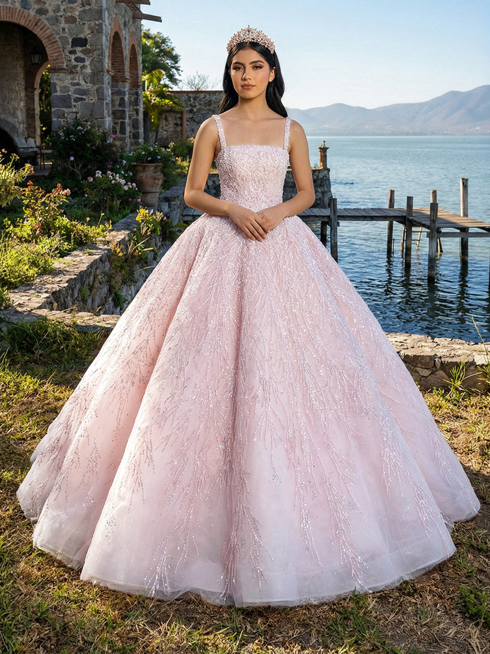 Pink Quinceanera Dress Sequin Beaded Ball Gown Sparkly Princess Prom D – Msikoods Official Store
