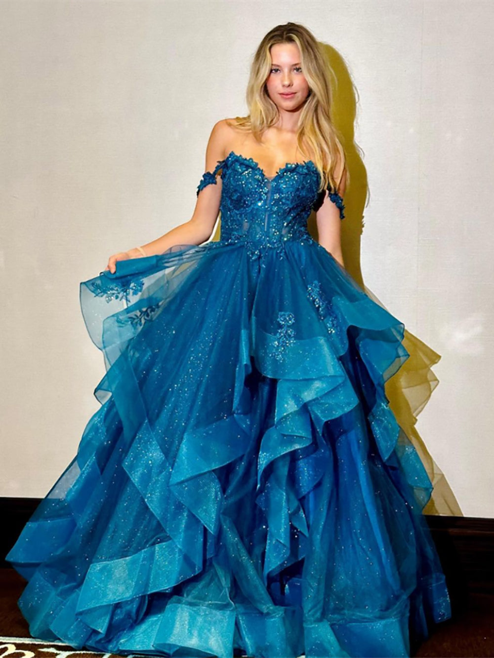 Layered Glitter Tulle Prom Gown Off Shoulder Blue Ball Sparkle