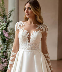 Elegante abito da sposa in raso da donna con maniche lunghe, schiena sexy scoperta, abito da sposa con applicazioni in pizzo