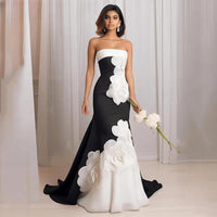 Schwarze und weiße Blumen Promi-Kleider Meerjungfrau formales Abendkleid Frauen Prom Party Kleid