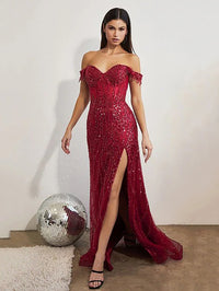 Sexy abito da festa con spalle scoperte, strascico staccabile, abito da ballo con spacco laterale, abito da sera a tromba
