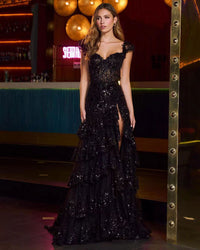Vestidos de Baile Pretos com Camadas Brilhantes, Costas Nuas, Aplicações de Renda, Vestidos Longos de Noite com Fenda, Vestidos Formais para Festas