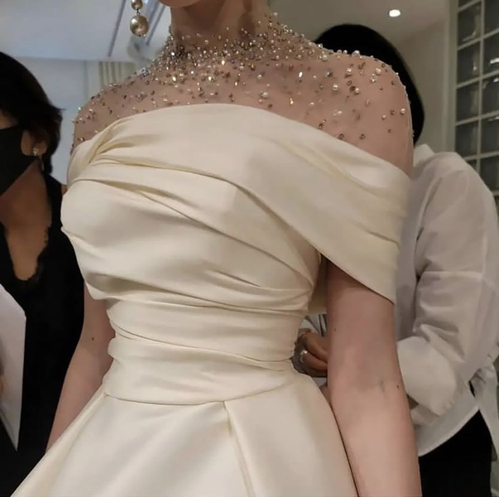 Abito da cerimonia da donna a linea ad A con collo alto, perline, abito da sera in raso di lusso, elegante abito da ballo
