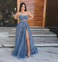 Abito da sera lungo da donna formale con scollo a cuore, tulle, pizzo, linea ad A e spacco sulla coscia