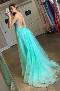 High Slit Prom Dress Spaghetti Straps Backless Tulle Formal Gown 2025 Ms2506293