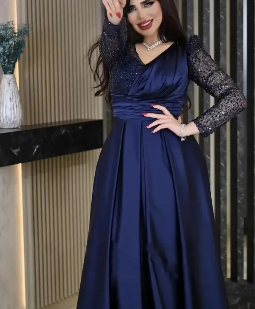 Abito da sera di lusso con scollo a V, rosa polvere, paillettes, maniche lunghe, abito da festa per ballo e matrimonio