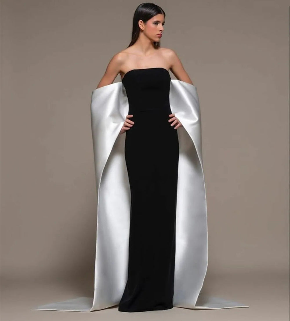 Vestido de noite elegante preto, sem alças, com capa destacável de cetim branco, vestido de baile para festas formais
