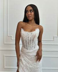 Incantevole abito da sposa per spose, corsetto, abito da sposa sirena, senza maniche, con spacco laterale, in pizzo