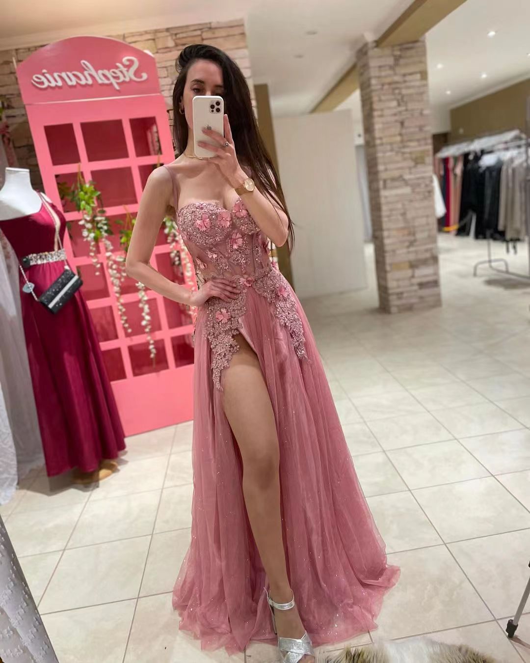 Tulle Long Prom Dresses Lace Appliques Spaghetti strap Party Dress Side Split Women Evening Gown
