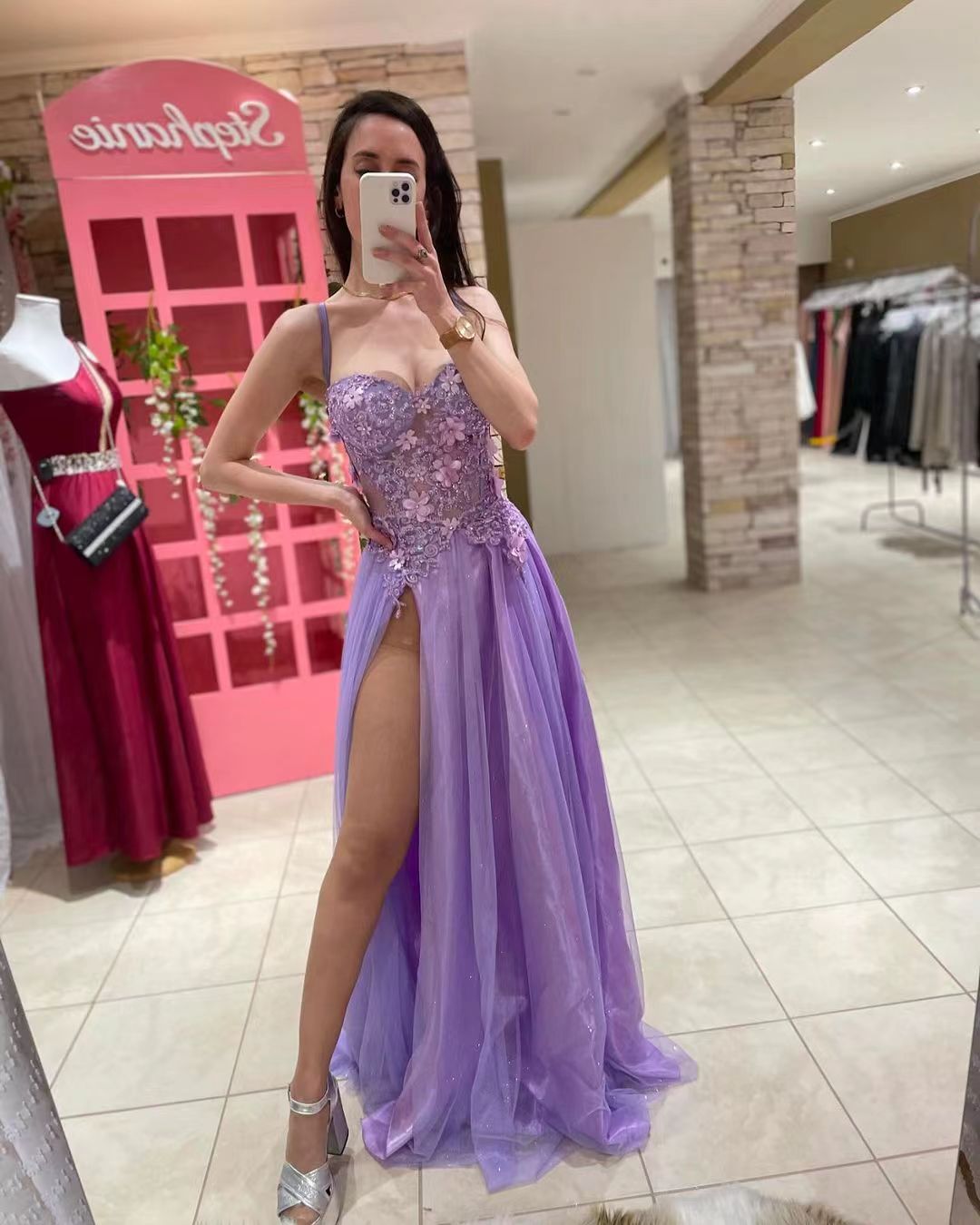 Tulle Long Prom Dresses Lace Appliques Spaghetti strap Party Dress Side Split Women Evening Gown