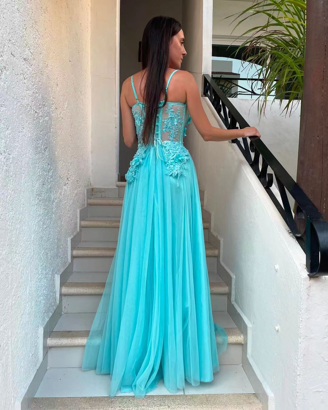 Tulle Long Prom Dresses Lace Appliques Spaghetti strap Party Dress Side Split Women Evening Gown