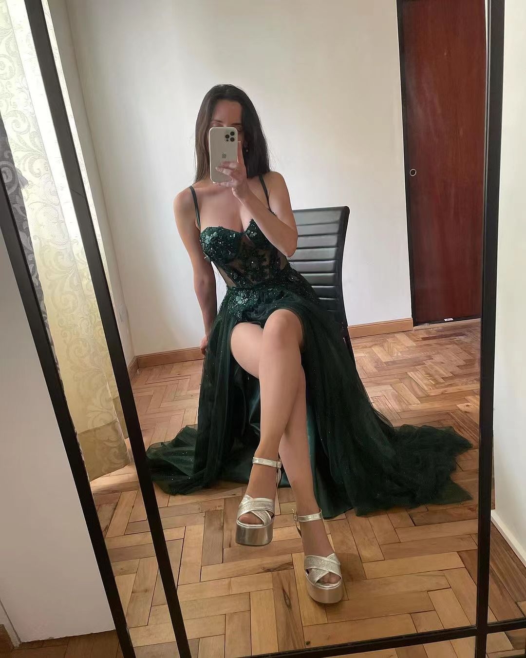 Tulle Long Prom Dresses Lace Appliques Spaghetti strap Party Dress Side Split Women Evening Gown