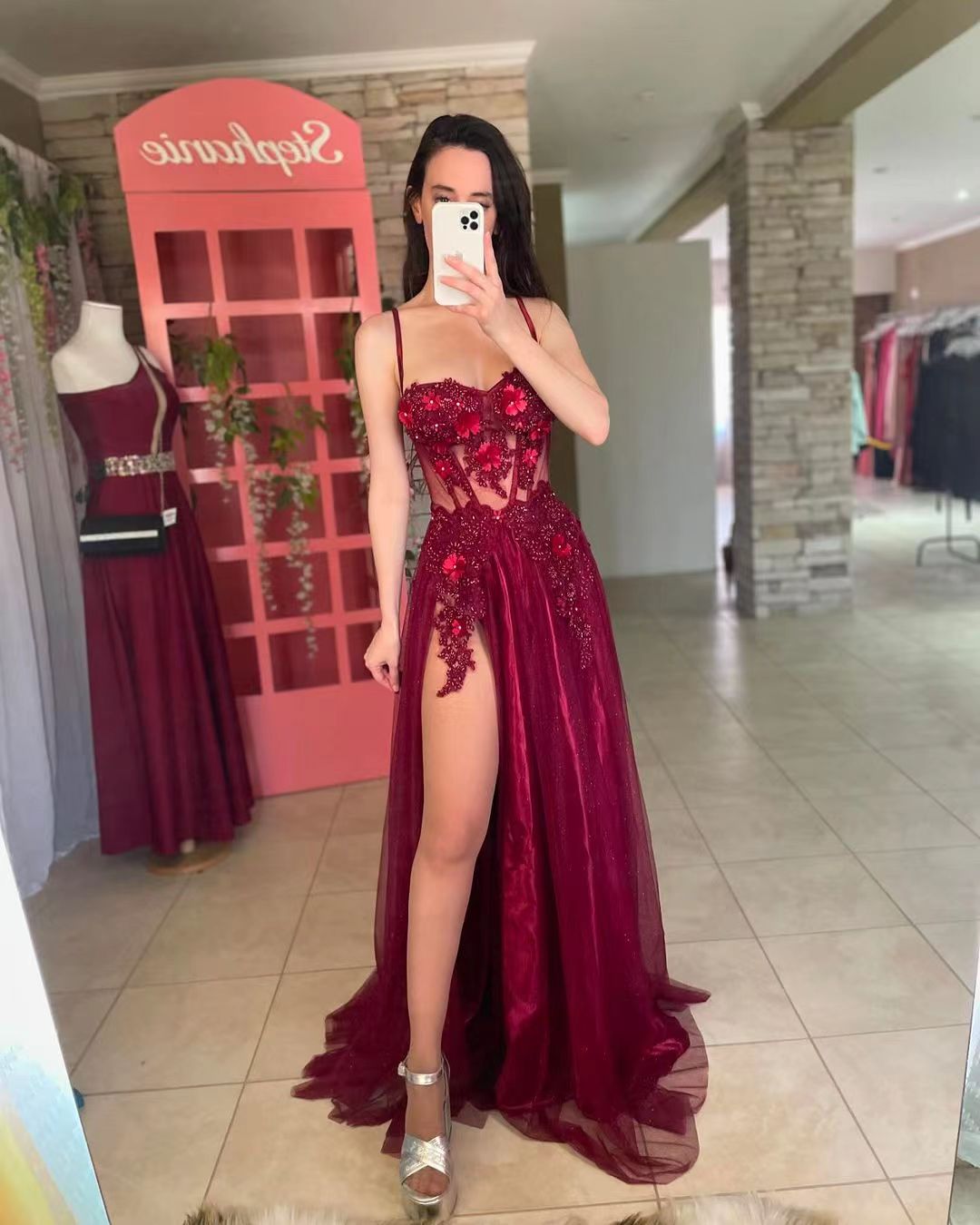 Tulle Long Prom Dresses Lace Appliques Spaghetti strap Party Dress Side Split Women Evening Gown