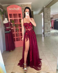 Tulle Long Prom Dresses Lace Appliques Spaghetti strap Party Dress Side Split Women Evening Gown