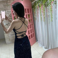 Abito formale in velluto elasticizzato con paillettes, spalline sottili, abito da sera con spacco, abito lungo sexy
