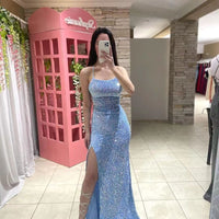 Abito formale in velluto elasticizzato con paillettes, spalline sottili, abito da sera con spacco, abito lungo sexy