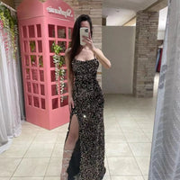 Abito formale in velluto elasticizzato con paillettes, spalline sottili, abito da sera con spacco, abito lungo sexy