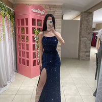 Abito formale in velluto elasticizzato con paillettes, spalline sottili, abito da sera con spacco, abito lungo sexy