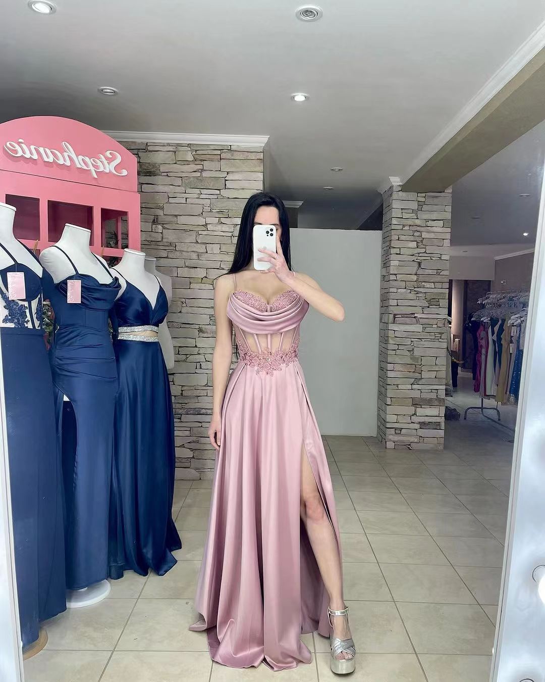 Lace Formal Evening Gown Spaghetti strap Pleats Side Slit Graduation Dress Party Dress
