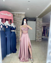 Lace Formal Evening Gown Spaghetti strap Pleats Side Slit Graduation Dress Party Dress