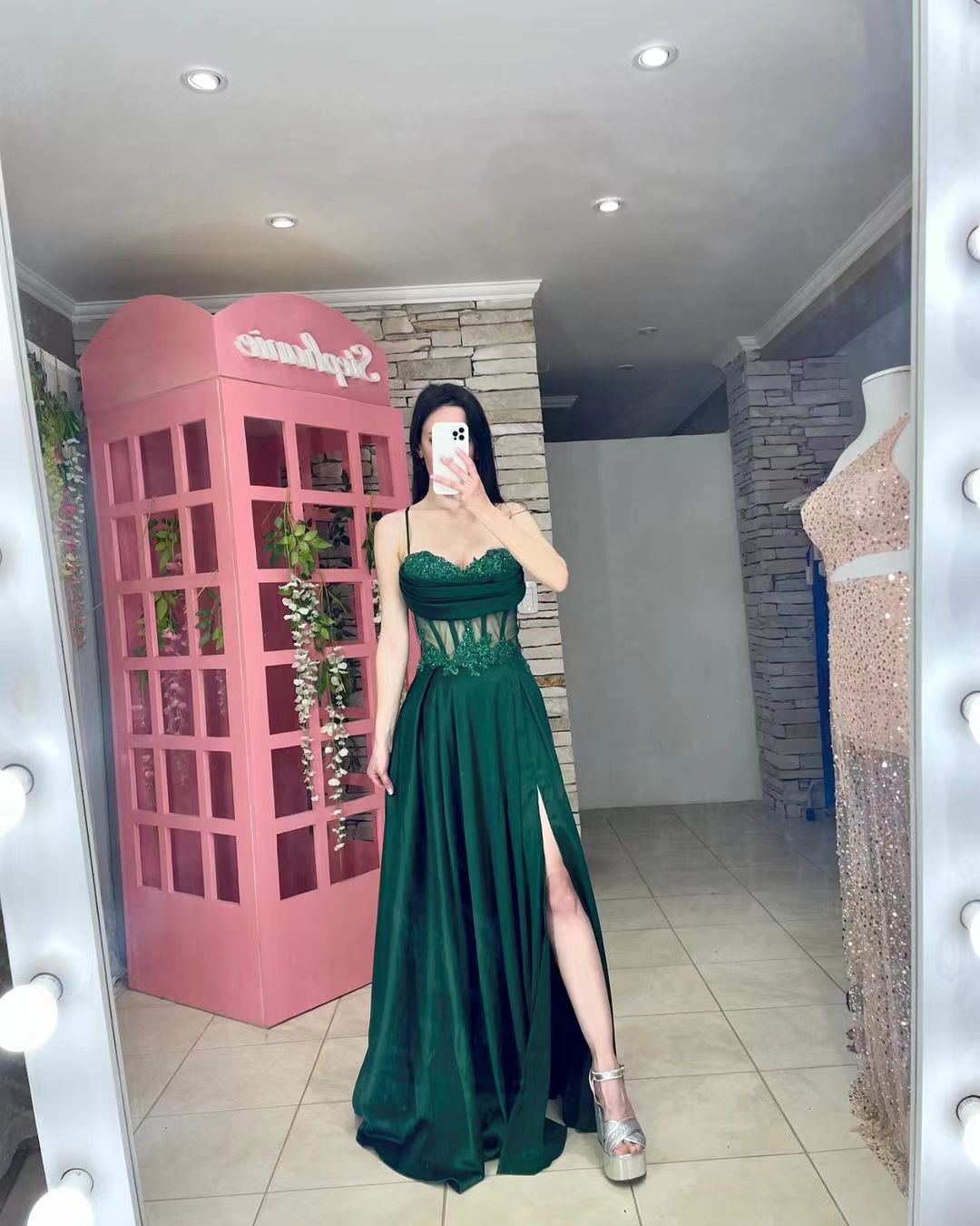 Lace Formal Evening Gown Spaghetti strap Pleats Side Slit Graduation Dress Party Dress
