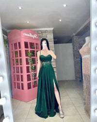 Lace Formal Evening Gown Spaghetti strap Pleats Side Slit Graduation Dress Party Dress