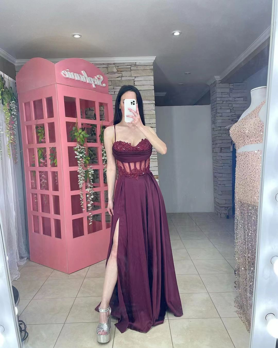Lace Formal Evening Gown Spaghetti strap Pleats Side Slit Graduation Dress Party Dress