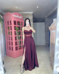 Lace Formal Evening Gown Spaghetti strap Pleats Side Slit Graduation Dress Party Dress