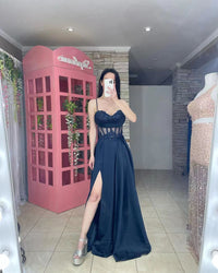 Lace Formal Evening Gown Spaghetti strap Pleats Side Slit Graduation Dress Party Dress