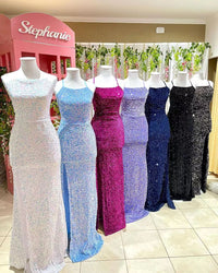 Abito formale in velluto elasticizzato con paillettes, spalline sottili, abito da sera con spacco, abito lungo sexy
