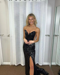 Vestidos de Noite Mermaid Brilhantes Sexy com Fenda Alta, Corpete Coração, Vestido Formal para Festa