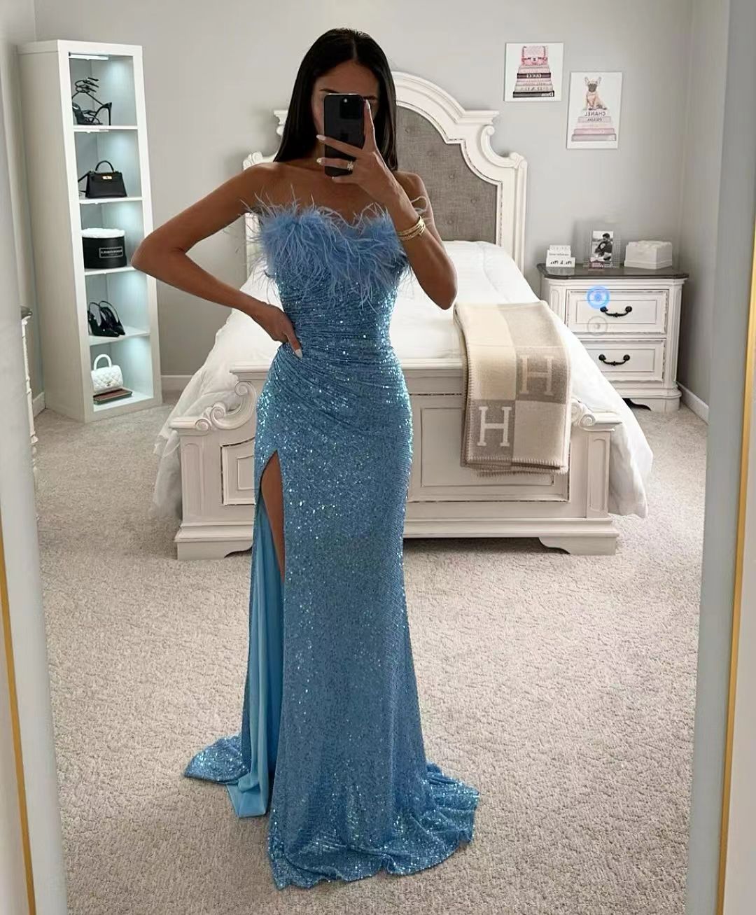 Robe de soirée sirène à paillettes, plumes, fente latérale, robe de bal pour femmes, robe de soirée 2024
