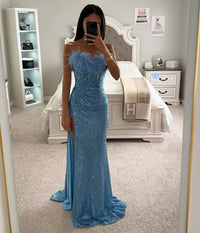 Robe de soirée sirène à paillettes, plumes, fente latérale, robe de bal pour femmes, robe de soirée 2024