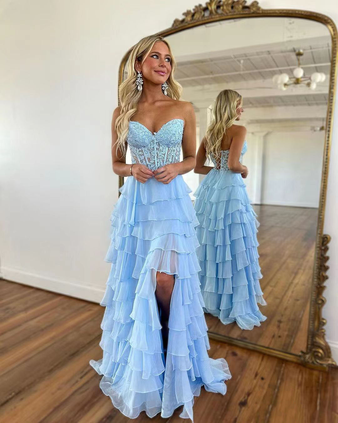 Sky Blue Prom Dress Lace Corset Sweetheart Birthday Dress Chiffon Tiered Teens Graduation Gowns