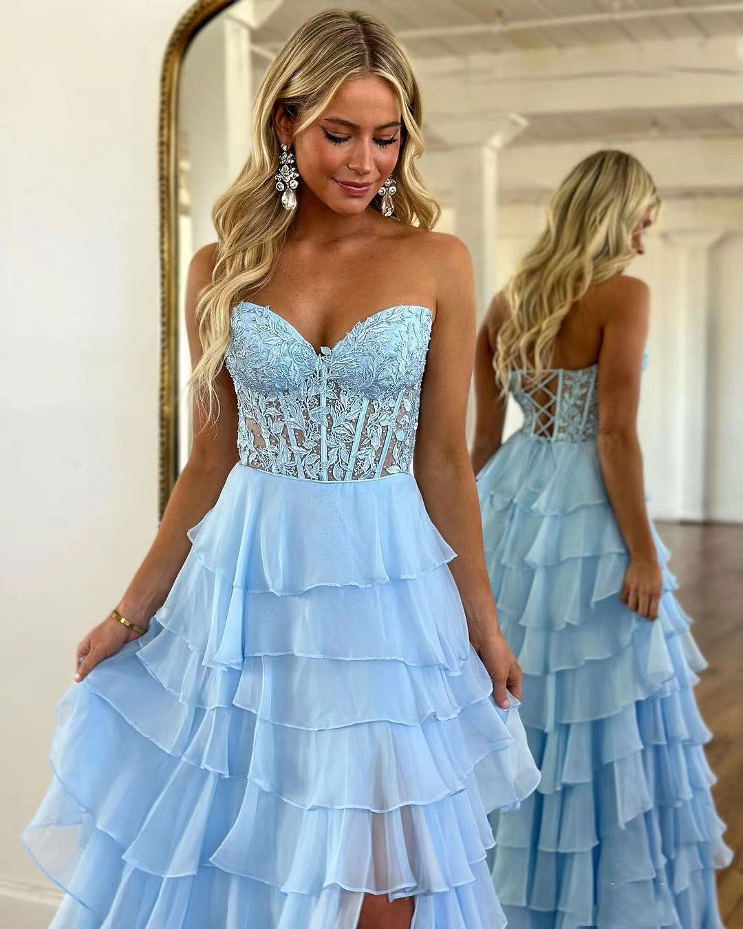 Sky Blue Prom Dress Lace Corset Sweetheart Birthday Dress Chiffon Tiered Teens Graduation Gowns