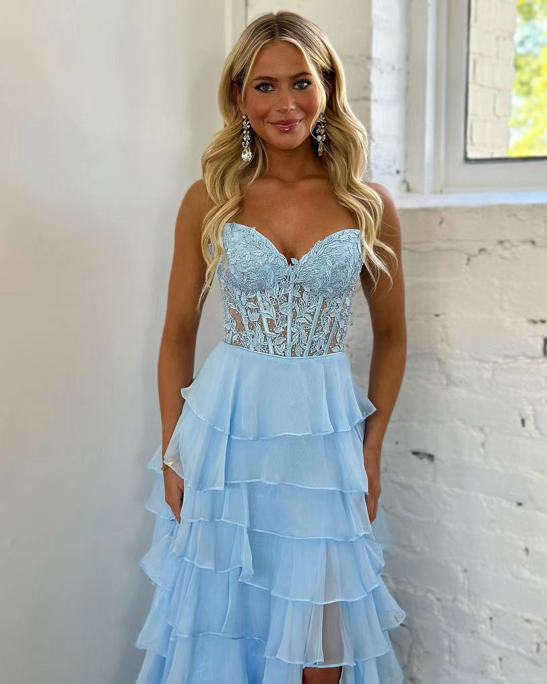 Sky Blue Prom Dress Lace Corset Sweetheart Birthday Dress Chiffon Tiered Teens Graduation Gowns