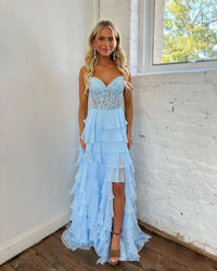 Sky Blue Prom Dress Lace Corset Sweetheart Birthday Dress Chiffon Tiered Teens Graduation Gowns
