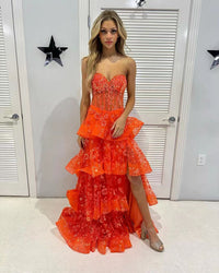 Lace Sweetheart Prom Dresses Tiered Ruffles Side Split Party Gown 15 Year Old Quinceanera Dresses